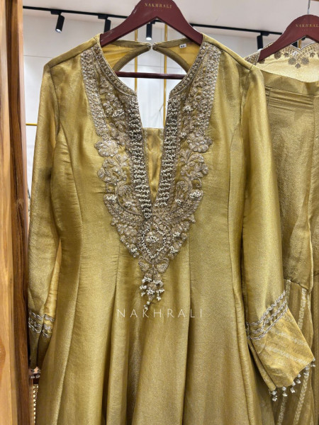 Nazakat-E-Tissue Mehendi Green Short Anarkali Sharara Suit Set
