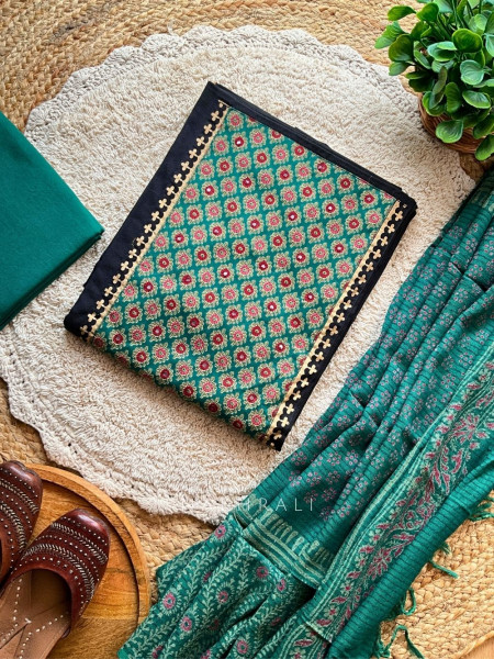 Meera Green Cotton Dress Material with Sequin Work