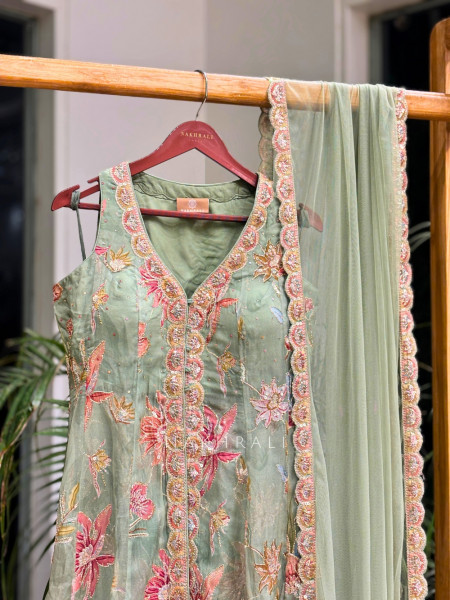 Willow Bloom Pista Green Indo-Western Palazzo Kurta Set