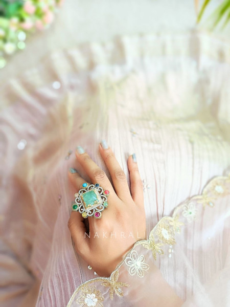 Regalia Green Kundan Ring with Multi-Colored Stones