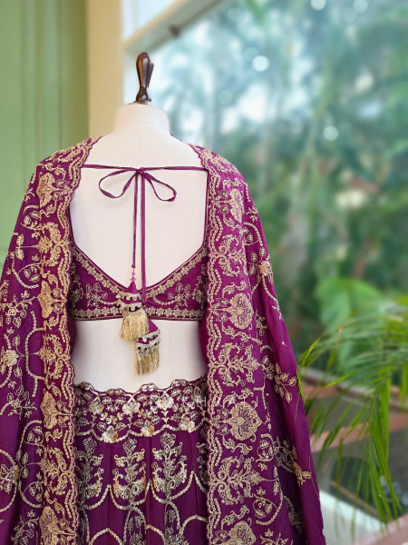 Gulzari Wine Raw Silk Lehenga Set