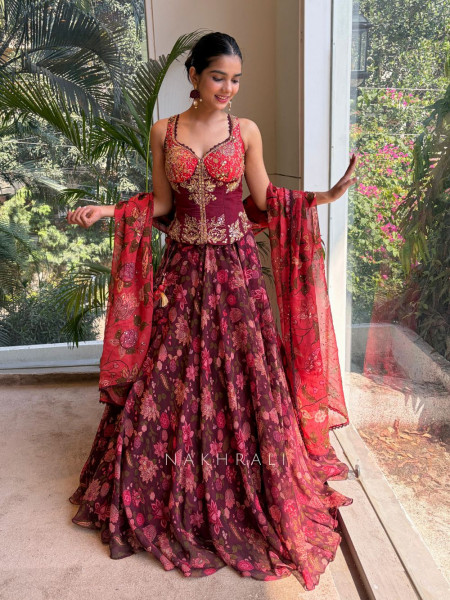 Crimson Bloom Georgette Corset Lehenga with Sequin Embroidery