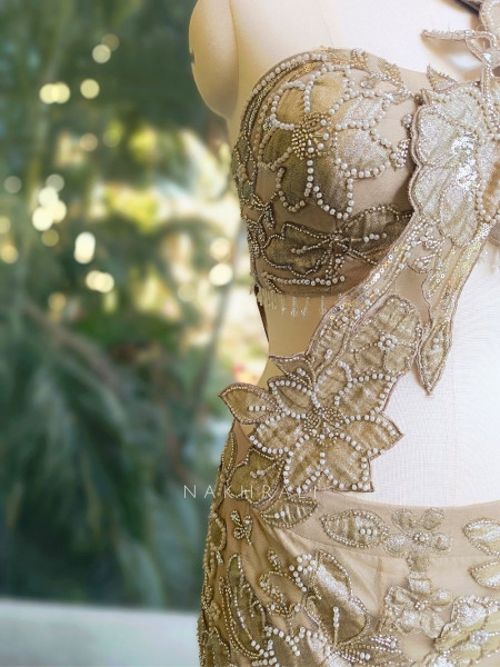 Aurevia Beige Indo-Western Mermaid Lehenga with Sequin and Pearl Work