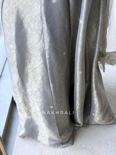 The Silver Willow Grey Tulle, Banarasi Brocade & Net Peplum Palazzo Set