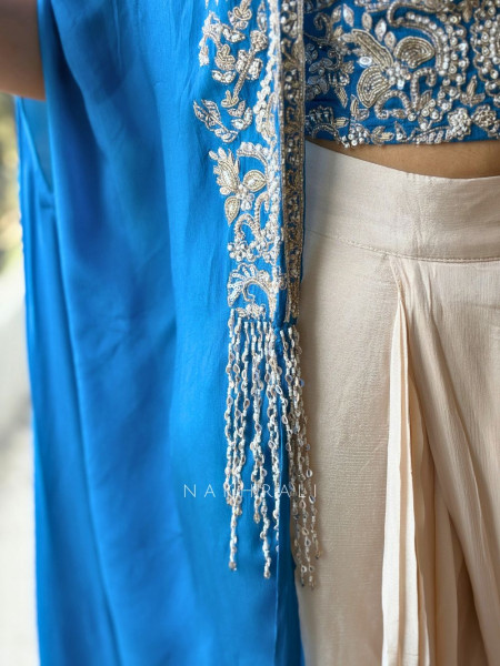 Aria Tulip Blue Georgette Crop Top Dhoti Skirt Set with Cape Jacket