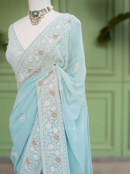 Vanya Bloom Sea Green Chikankari  Saree With Running Blouse Piece Chikankari