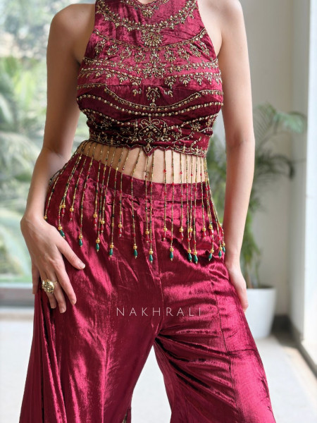Nazneen Maroon Velvet Indo-Western Crop Top Palazzo