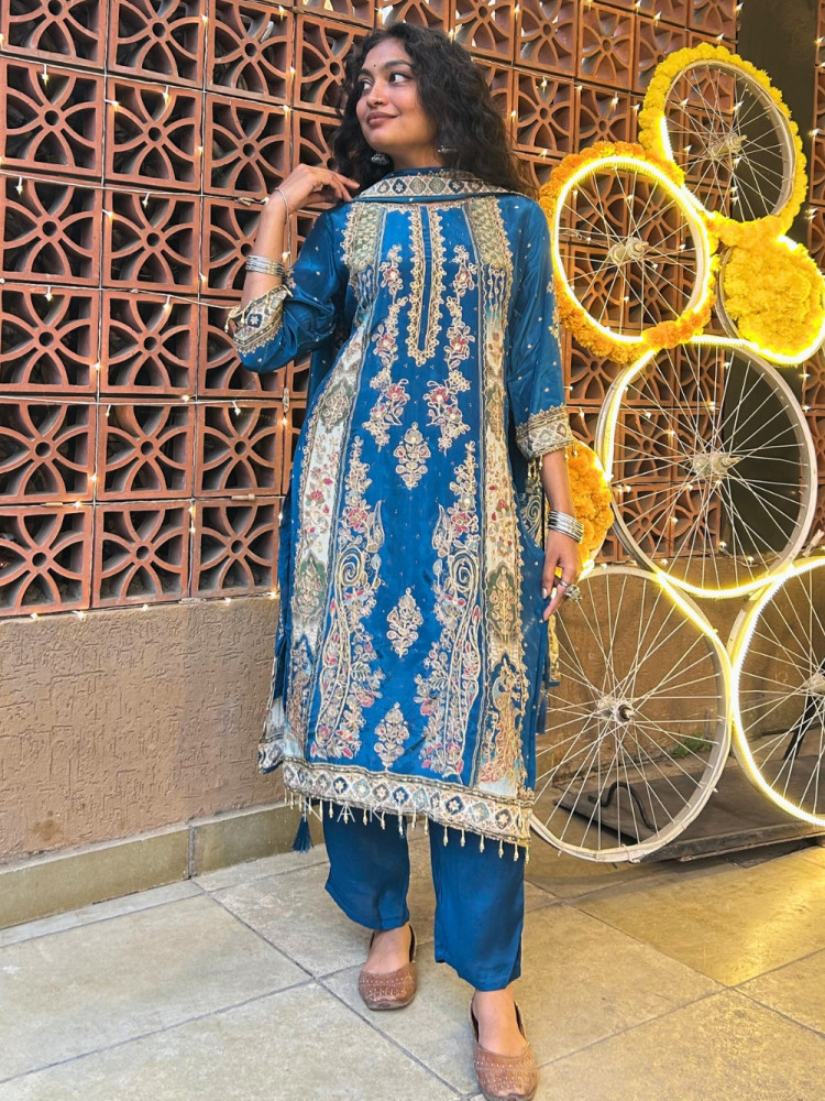 Image of Tapestry Teal Blue Modal Silk Suit Set With Kalamkari Print &amp; Zardozi Embroidery