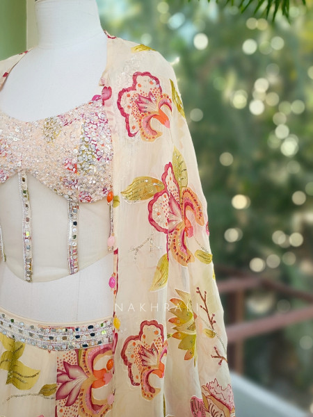 Floral Cream Corset Lehenga with Sequin and Mirror Work