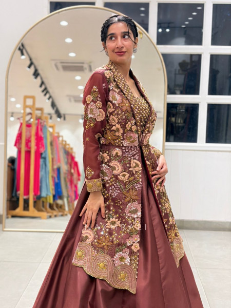 Sorrel Maroon Indo Western Lehenga Jacket Set