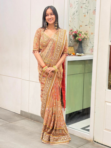 Kalaki Red Printed Saree with Sequin Embroidery Work