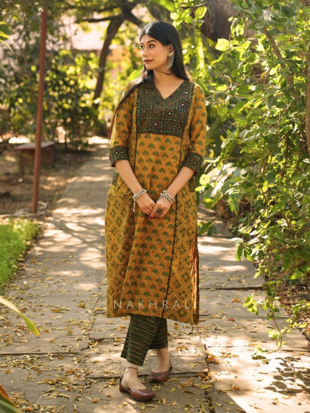 Rozana Mustard Cotton Pant Kurta Set with Patch Work