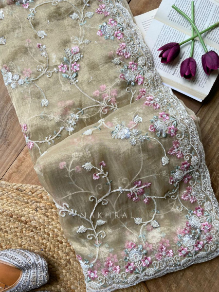 Sorelle Beige Organza Saree with Cut Dana Embroidery