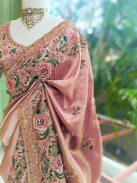 Siya Peach Floral Embroidered Saree with Readymade Blouse