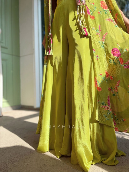 Vireya Lime Green Floral Cape Palazzo Set