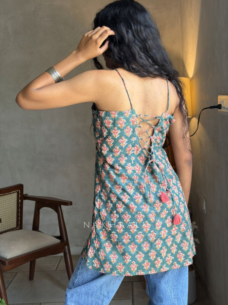 Mira Green Printed Spaghetti Strap A-Line Top