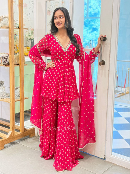 Chitrika Red Bandhani Sharara Suit Set with Mirror & Gota Patti Work