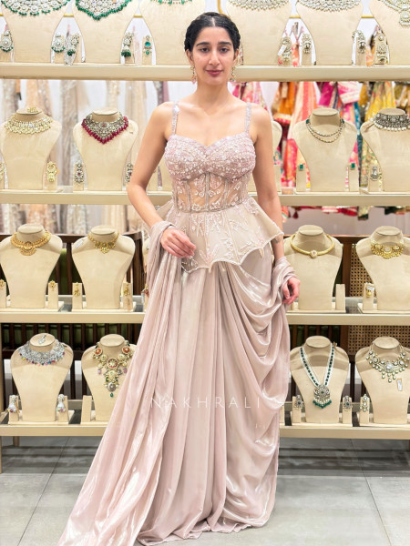 Ethereal Dusty Pink Hand-Embellished Cutdana Corset Drape Saree