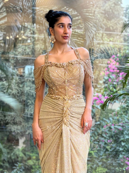 Neferta Beige Sequins Drape Gown