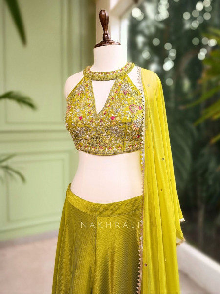Green Silk Crop Top Palazzo Set with Cut Dana, Beads & Mirror Work