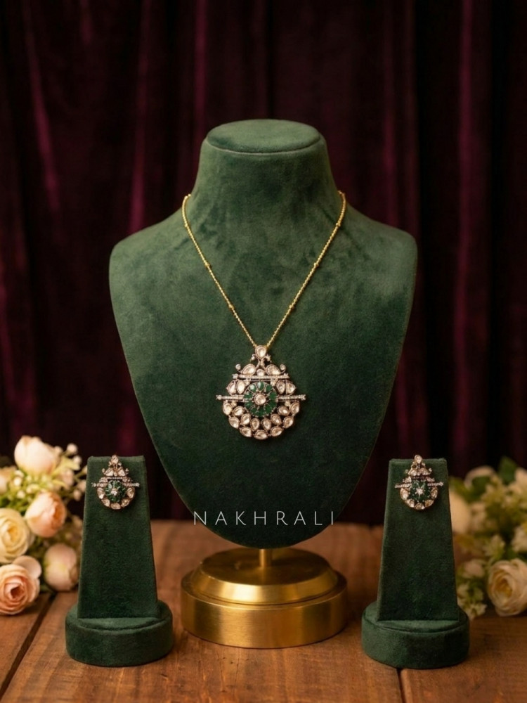 Image of Harit Mandala Green Long Necklace Set With Stone-Studded Circular Pendant