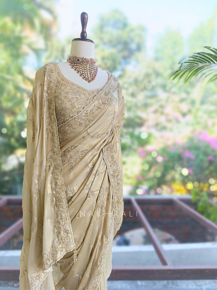 Image of Shwetambari Golden Saree with Bead and Stone Work