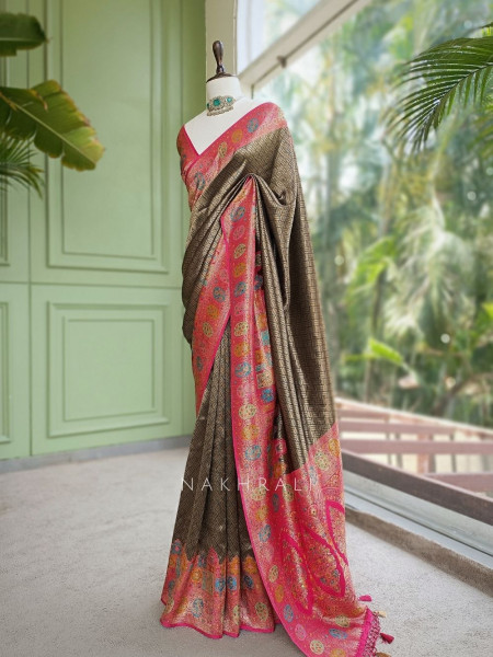 Kanira Golden Zari Brocade Saree with Magenta Paithani Border