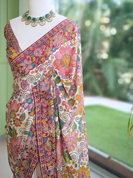Kaleido Flora  Cream Silk Georgette Saree