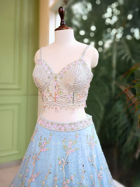 Aurelia Sky Blue Net Lehenga with Beads & Sequin Embroidery