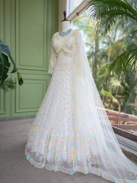 Brinelle Cream Net Lehenga with Floral Cut Dana Work