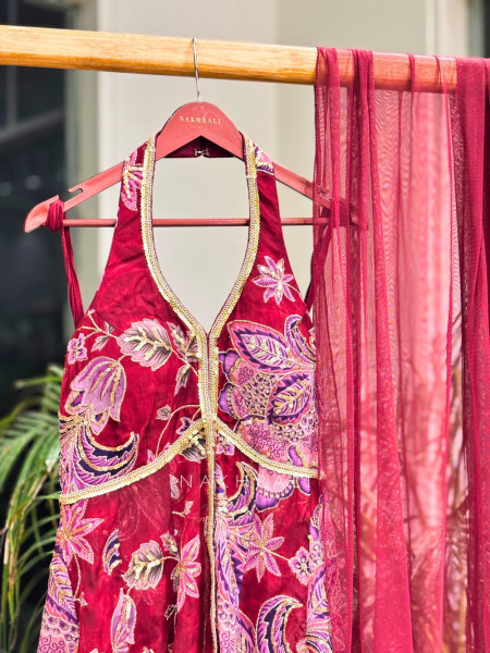 Gulbahar Maroon Indo-Western Peplum Sharara Set