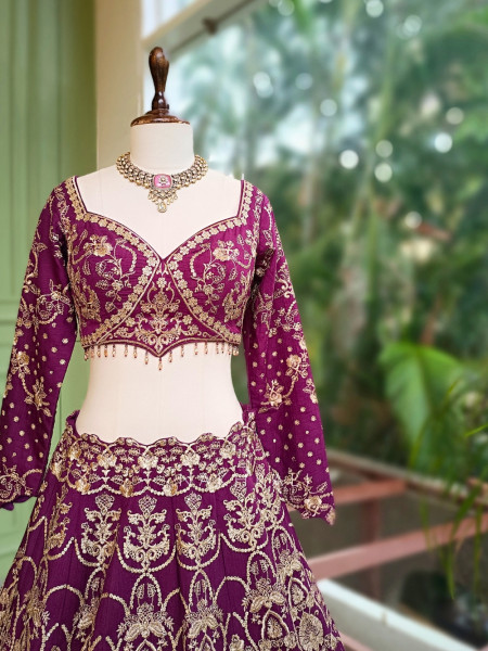Gulzari Wine Raw Silk Lehenga Set