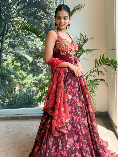 Crimson Bloom Georgette Corset Lehenga with Sequin Embroidery