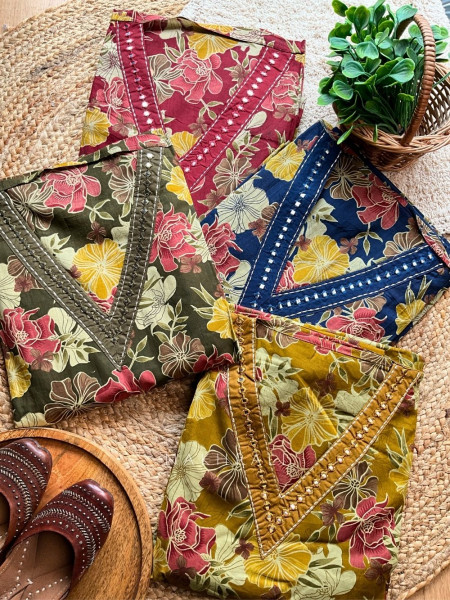 Floraison Mustard Cotton Dress Material with Mirror Work