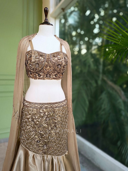 Arista Brown Satin Indo-Western Lehenga with Sequin Bead Work