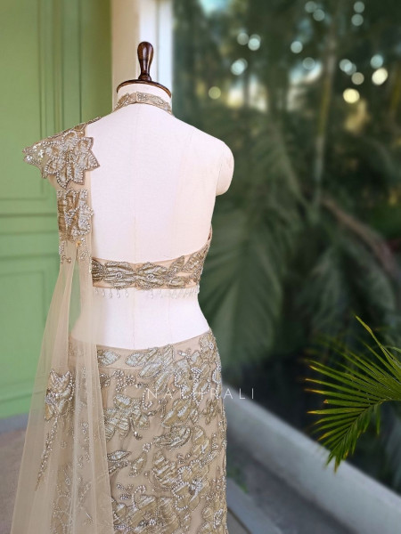 Aurevia Beige Indo-Western Mermaid Lehenga with Sequin and Pearl Work