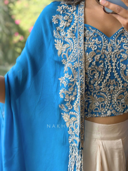Aria Tulip Blue Georgette Crop Top Dhoti Skirt Set with Cape Jacket