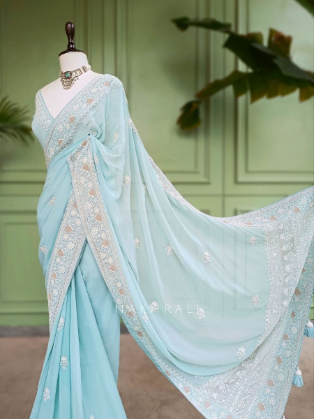 Vanya Bloom Sea Green Chikankari  Saree With Running Blouse Piece Chikankari