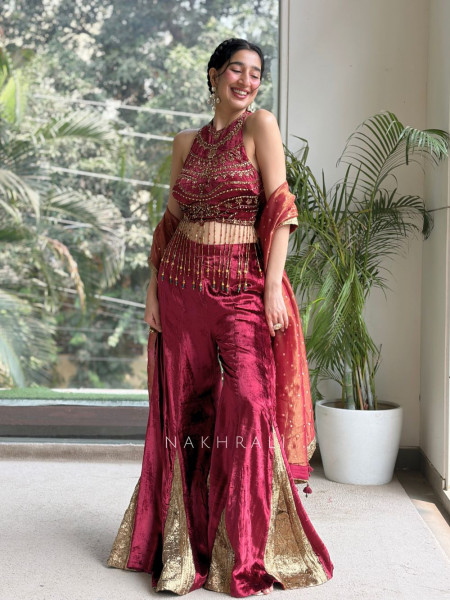 Nazneen Maroon Velvet Indo-Western Crop Top Palazzo