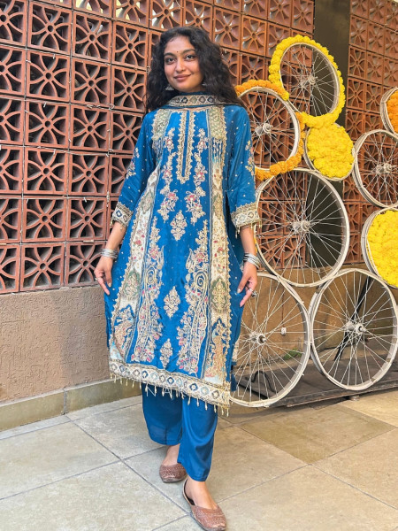 Tapestry Teal Blue Modal Silk Suit Set With Kalamkari Print & Zardozi Embroidery