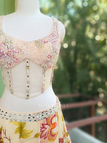 Floral Cream Corset Lehenga with Sequin and Mirror Work