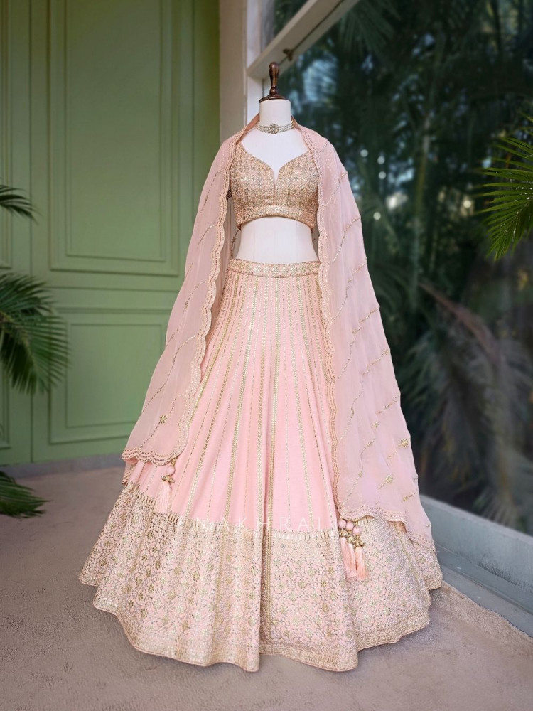 Image of Noor-e-Gulab Peach Silk Lehenga with Gota Patti Zari Sequin Work