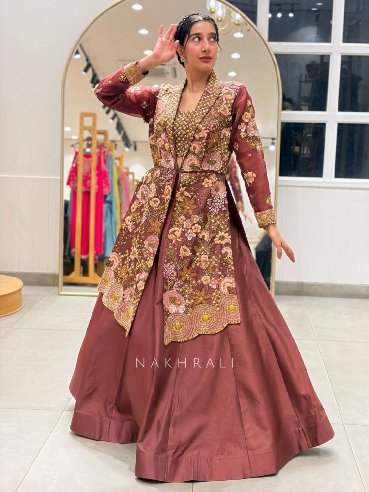 Image of Sorrel Maroon Indo Western Lehenga Jacket Set