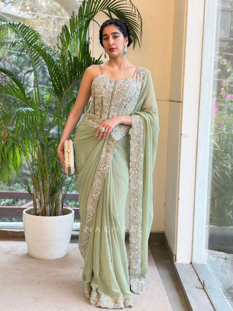 Image of Cirelle Pista Green Saree with Corset Blouse Sequin Cut Dana Work
