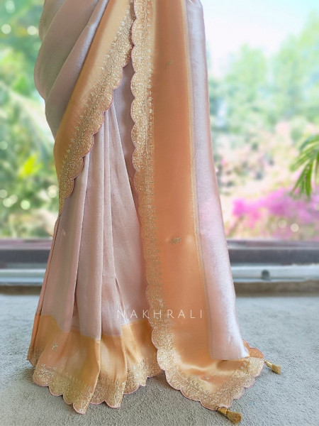 Skylight Peach Zari Weaved Saree with Embroidered Border