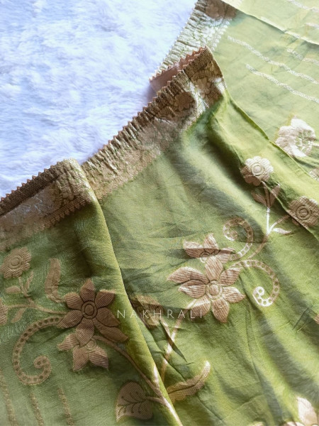 Noorline Glow Green Semi-stitched Dress Material with Sequin and Cut Dana Work