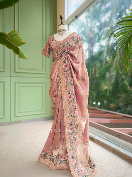 Siya Peach Floral Embroidered Saree with Readymade Blouse