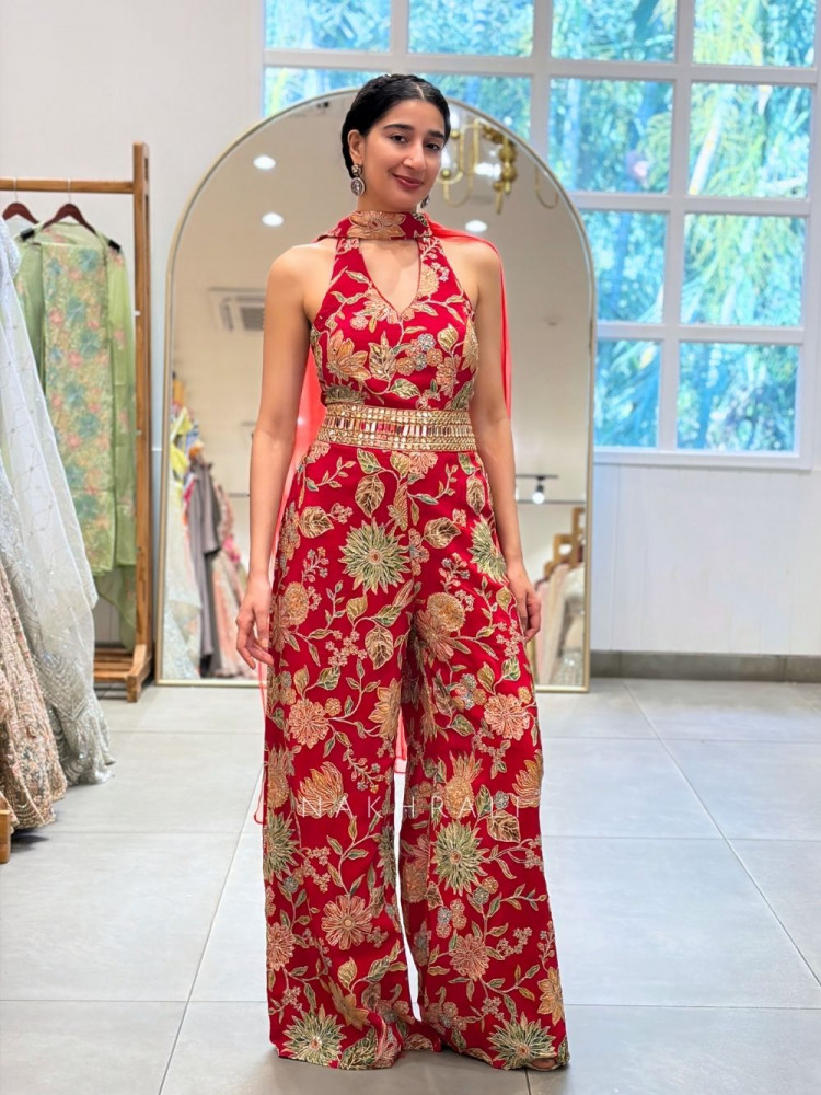 Image of Kiara Red Jumpsuit with Floral Zari Work