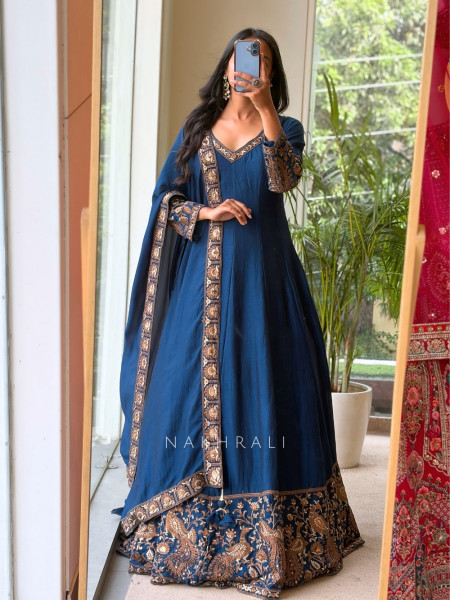 Dastaan Teal Blue Chinon Kalidar Anarkali Set