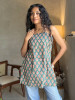 Mira Green Printed Spaghetti Strap A-Line Top